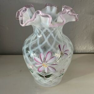 Fenton Opalescent Vase Hand-painted Floral Original Tag Made in USA 🇺🇸
